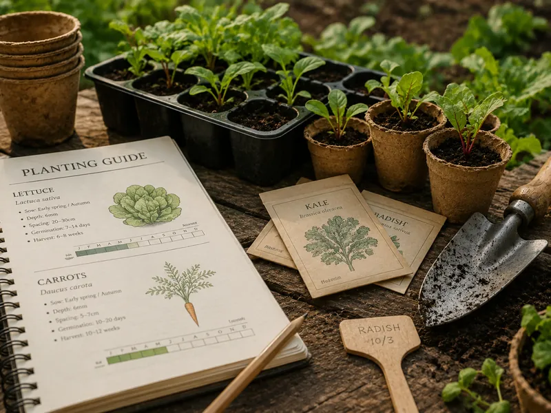 Planting notes, seed packets and vegetable seedlings in biodegradable pots