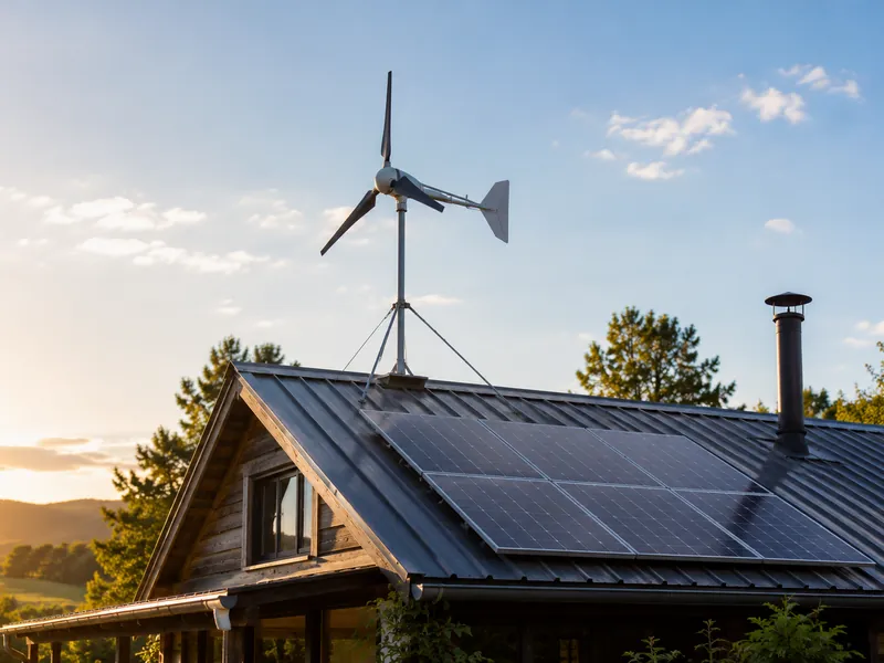 Roof-mounted solar array and a small wind turbine on an off-grid cabin
