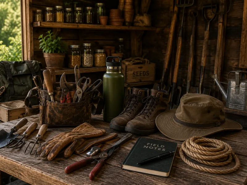 Hand tools, work gloves, boots and rope laid out on a workshop bench