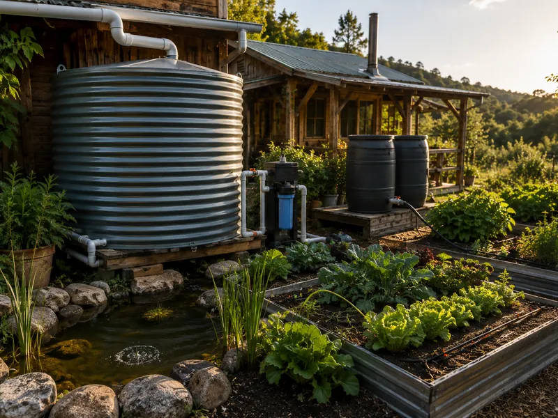 Galvanised rainwater tank feeding a filter housing beside collection barrels